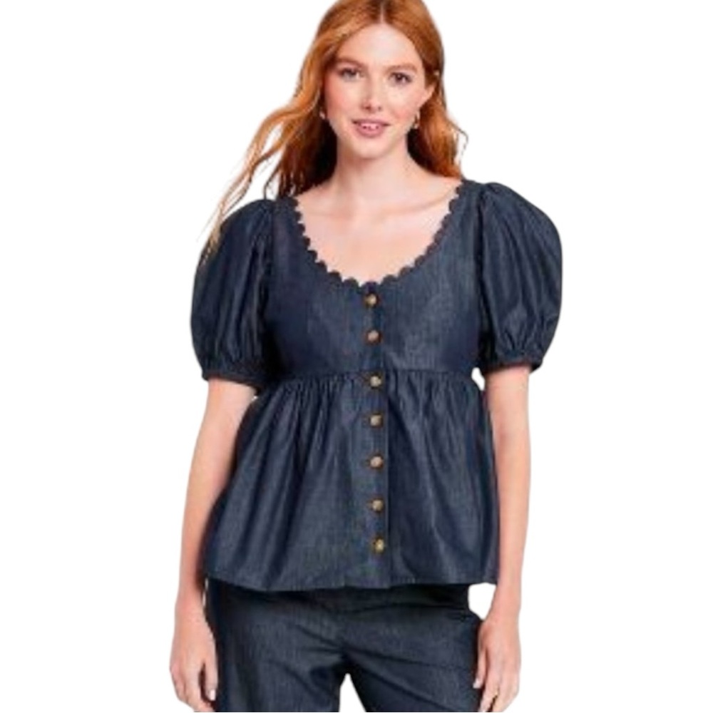 Kika Vargas Dark Navy Puff-Sleeve Button Peplum Blouse
